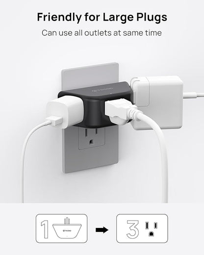 TROND Outlet Extender - 3 Prong Grounded Plug Extension Outlet, 3 Way Angled Wall Plug Splitter, Cruise Ship Essentials, Multiple Expander with 3 Electrical Sockets for Bathroom, Kitchen, Black