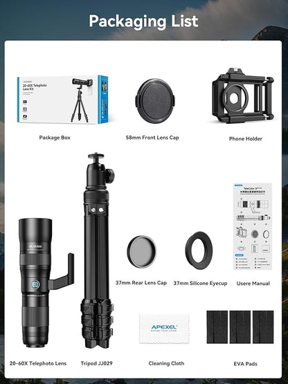 MIAO LAB 20-60X Zoom Telephoto Lens, High Power Telephoto Mobile Cell Phone Lens with Tripod & Universal Phone Clip, for iPhone 16/15/14/13 Series, Samsung, Android Phone and Most Smartphone