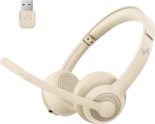JIAMQISHI Wireless Headset with AI Noise Cancelling Microphone Bluetooth Headset - Bluetooth V5.2 Headphones with USB Dongle & Mic Mute for Computer/Laptop/PC/iPhone/Android/Cell Phones/Zoom-Apricot
