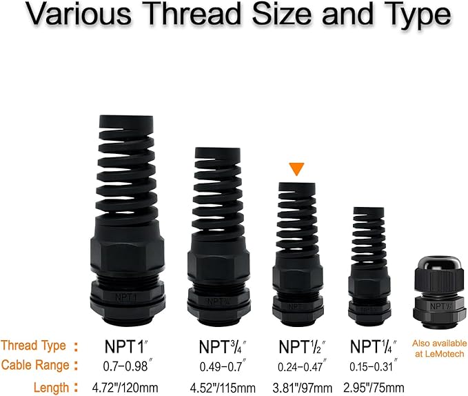 LeMotech 5Pcs NPT 1/2" IP68 Waterproof Cable Gland Flex Spiral Strain Relief Black Nylon Joint with Gaskets for 6-12mm Wire Thread
