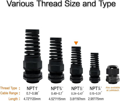 LeMotech 2Pcs NPT 1/2" IP68 Waterproof Cable Gland Flex Spiral Strain Relief Black Nylon Joint with Gaskets for 6-12mm Wire Thread