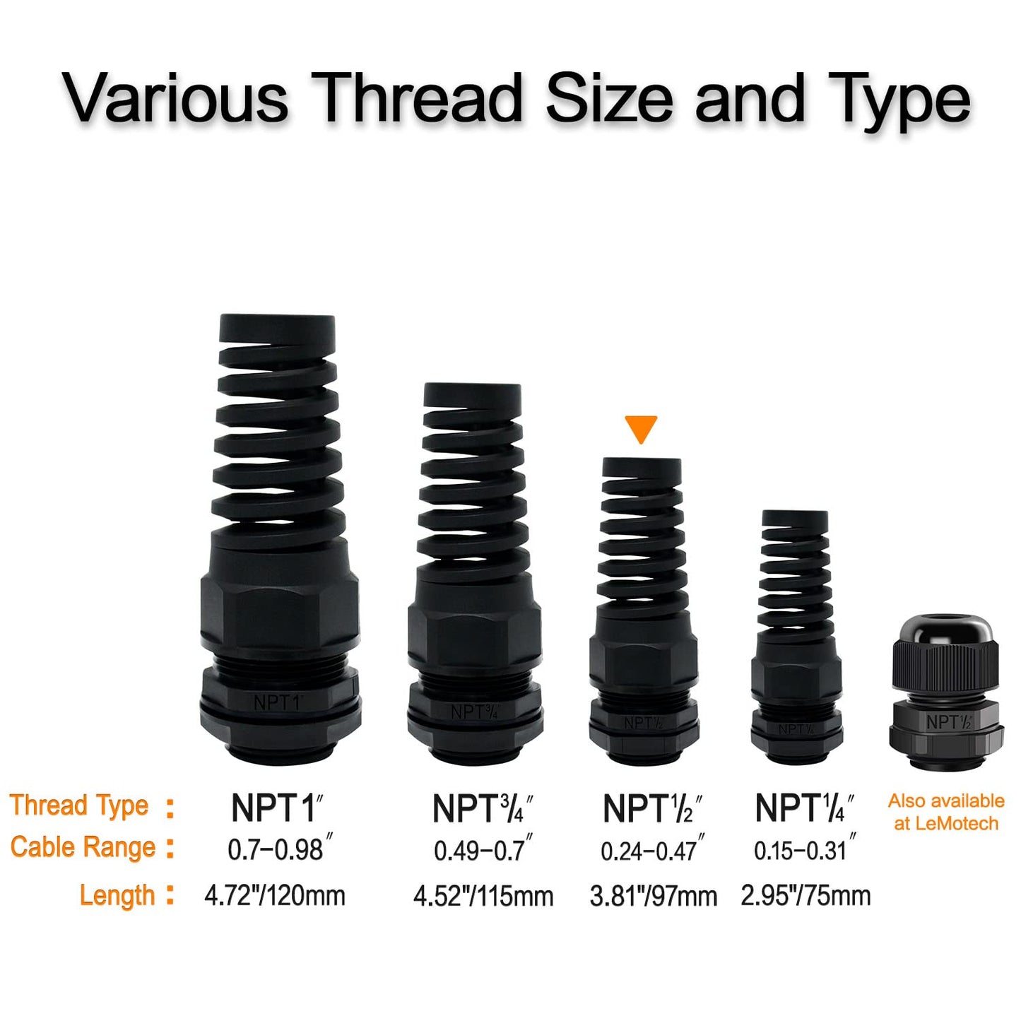 LeMotech 5Pcs NPT 1/2" IP68 Waterproof Cable Gland Flex Spiral Strain Relief Black Nylon Joint with Gaskets for 6-12mm Wire Thread