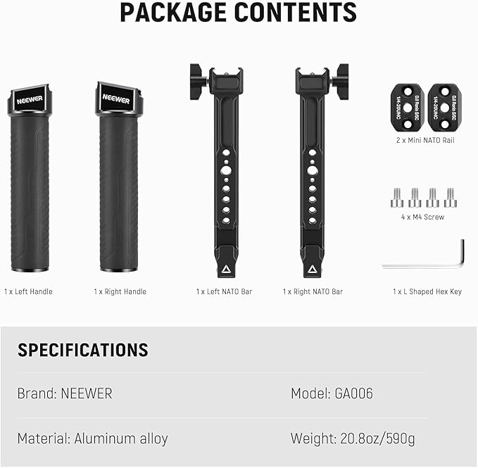 NEEWER Dual Handgrip Compatible with DJI RS4 RS4 Pro RS3 RS3 Pro RS2 RSC2 Ronin S SC Gimbal, Dual Handle Kit with 2 Mini NATO Rails, Quick Release NATO Clamps, 1/4" & 3/8" Threads, GA006