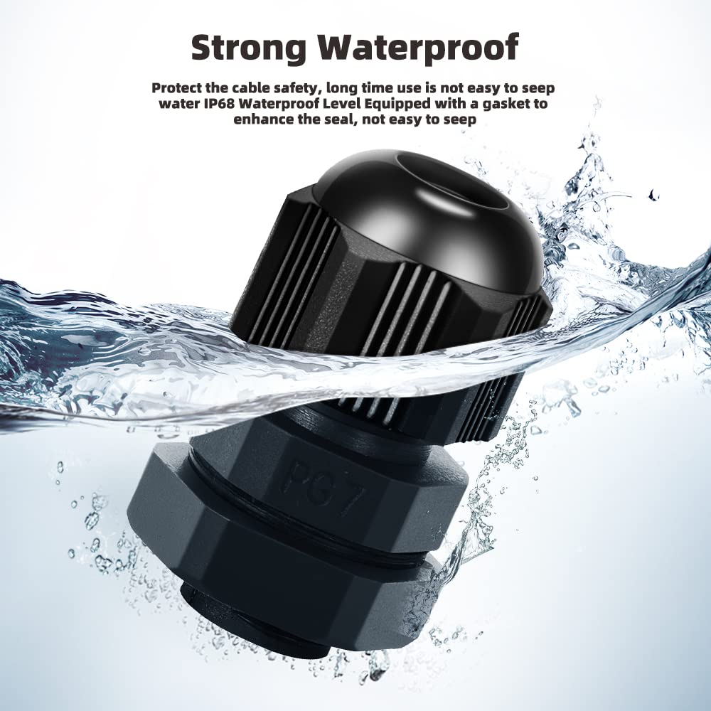 CGELE Cable Gland 20 Pack Plastic Waterproof Adjustable Connector 3-7mm PG7 Strain Relief Cord Connectors Joints Nylon with Gaskets