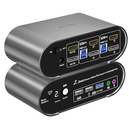 2 Computers 2 Monitors (HDMI + DP) Automatic KVM Switch, 4K@144Hz, 2K@240Hz, Hotkey Switching, Audio and Microphone Output, Aluminum Shell Digital Display, HDR10 with Cables