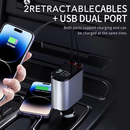 Retractable Car Charger, 4 in 1 Fast Charging 69W, Cigarette Lighter Adapter 2 Retractable iPhone Cables and USB Car Charger,Compatible with iPhone 15/14/13/12/11,Galaxy,Pixel