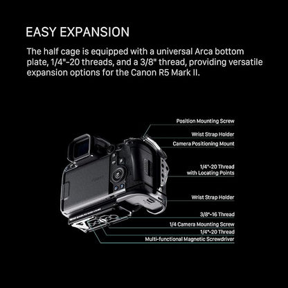 Tilta Half Camera Cage Compatible with Canon R5 Mark II - Black | Mount Accessories w/Cold Shoe, 1/4"-20 and 3/8"-16 | Securely Attaches to Camera | Silicone Padding and Lightweight