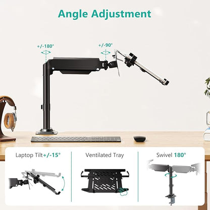 WALI Laptop Tray Desk Mount, Laptop Arm Mount Fits 10-15.6 Inch Notebook, 2-in-1 Gas Spring Monitor Arm for 17-32 Inch Computer Screen, Holds up to 22lbs(GSDM00LP), Black