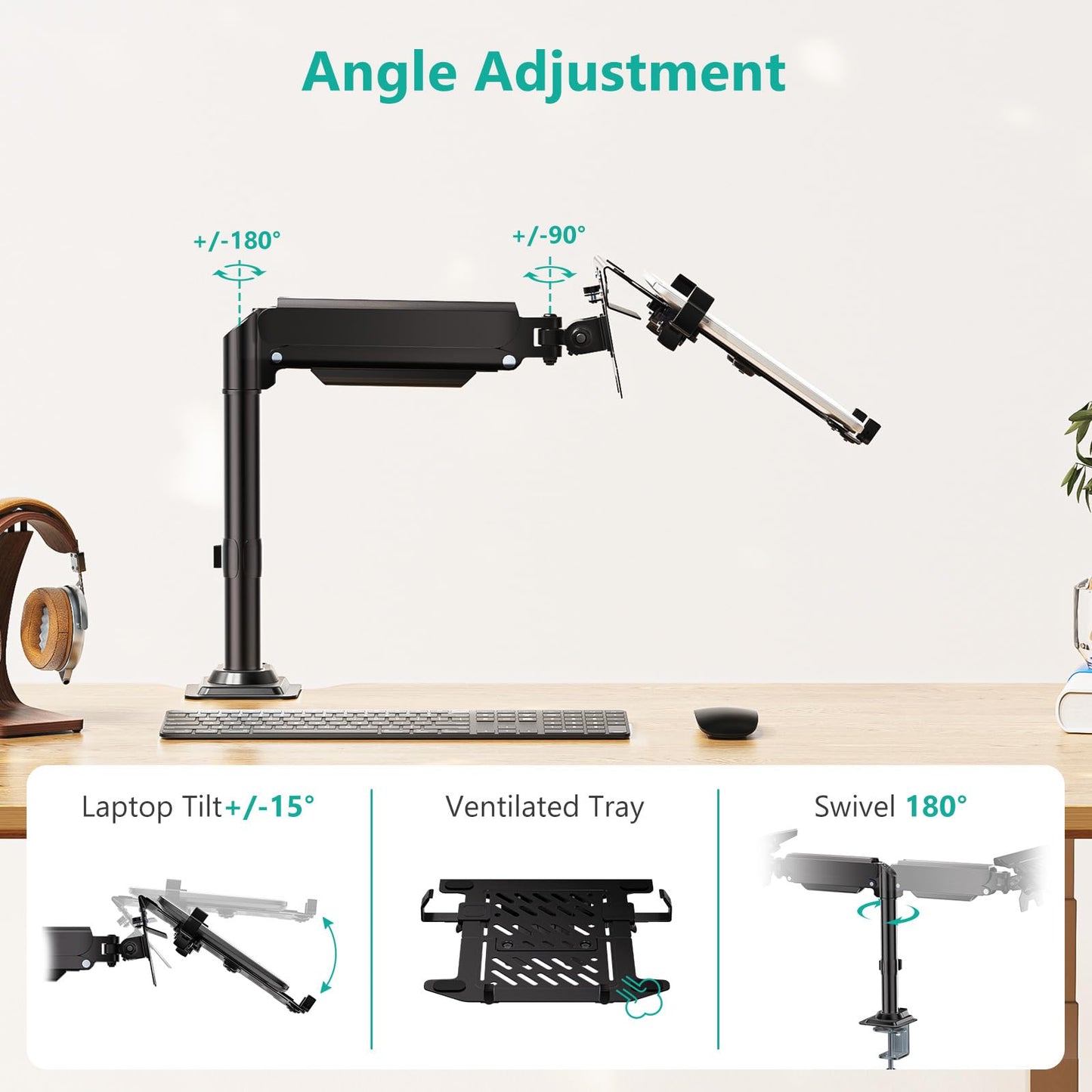 WALI Laptop Desk Mount for 15.6 inch Notebook, Fully Adjustable Single Monitor Arm with Laptop Holder for 32 inch Screen, Laptops Stand with Ventilated Tray, Up to 22 Lbs, (GSDM00LP), Black