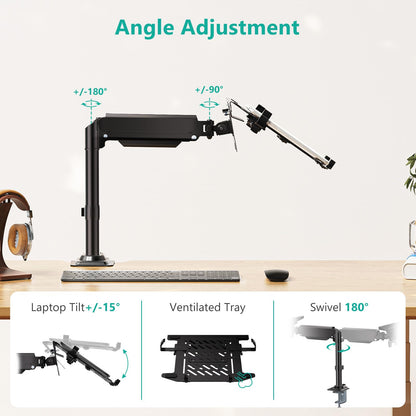 WALI Laptop Desk Mount for 15.6 inch Notebook, Fully Adjustable Single Monitor Arm with Laptop Holder for 32 inch Screen, Laptops Stand with Ventilated Tray, Up to 22 Lbs, (GSDM00LP), Black