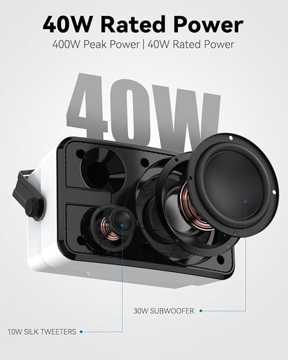 400W Outdoor Bluetooth Speakers, Wireless Sync Between Speakers, IPX5 Waterproof, Powerful Bass, Wall Mount for Patio, Porch, Gazebo, Garage, 2-Pack, White(MZ-621)
