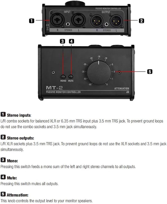 HXBER Passive Monitor Controller with XLR 3.5mm Inputs Outputs Supports Attenuation Control Mute Function, Black