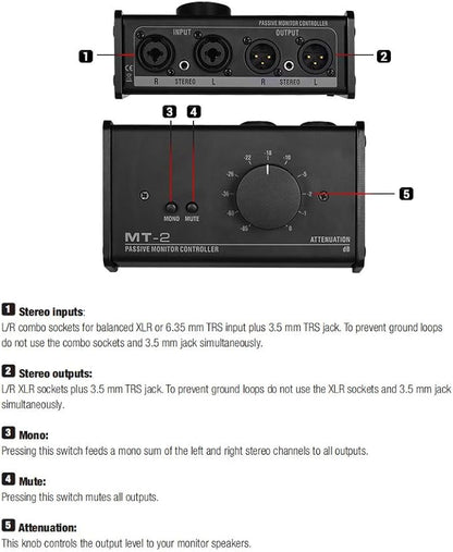 HXBER Passive Monitor Controller with XLR 3.5mm Inputs Outputs Supports Attenuation Control Mute Function, Black