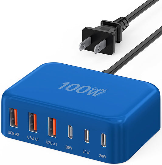 [2026 Updated] USB C Fast Charger, 100W GaN 6 Port Type C Charging Station Hub Block Cube, USB C Wall Charger Power Strip Adapter Plug for iPad iPhone 17 16 15 14 Pro Max Pixel Note Galaxy, 5ft Cord