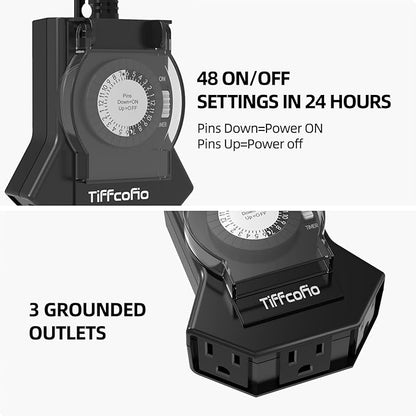 Outdoor Timer Outlet Waterproof, 24 Hour Mechanical Light Timer Outdoor, 2 Grounded Outlets for Home and Garden, 15A 1/2HP, Heavy Duty, ETL Listed (1 Pack)