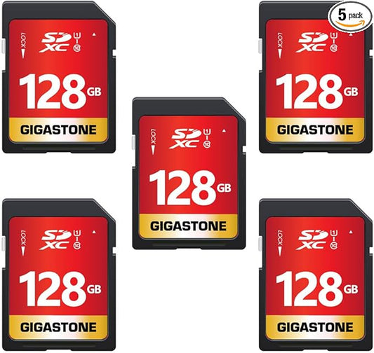 GIGASTONE 128GB SD Card 5-Pack UHS-I U1 Class 10 SDXC Memory Card Full HD Video for Digital Camera Speed up to 80MB/s, Full-Sized SD Card, with 5 mini case