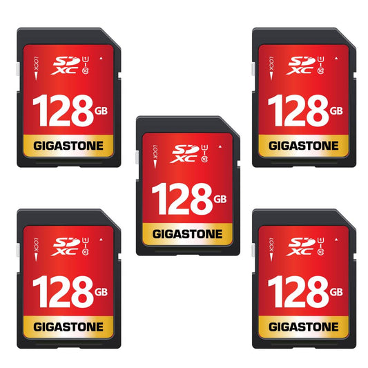 GIGASTONE 128GB SD Card 5-Pack UHS-I U1 Class 10 SDXC Memory Card Full HD Video for Digital Camera Speed up to 80MB/s, Full-Sized SD Card, with 5 mini case