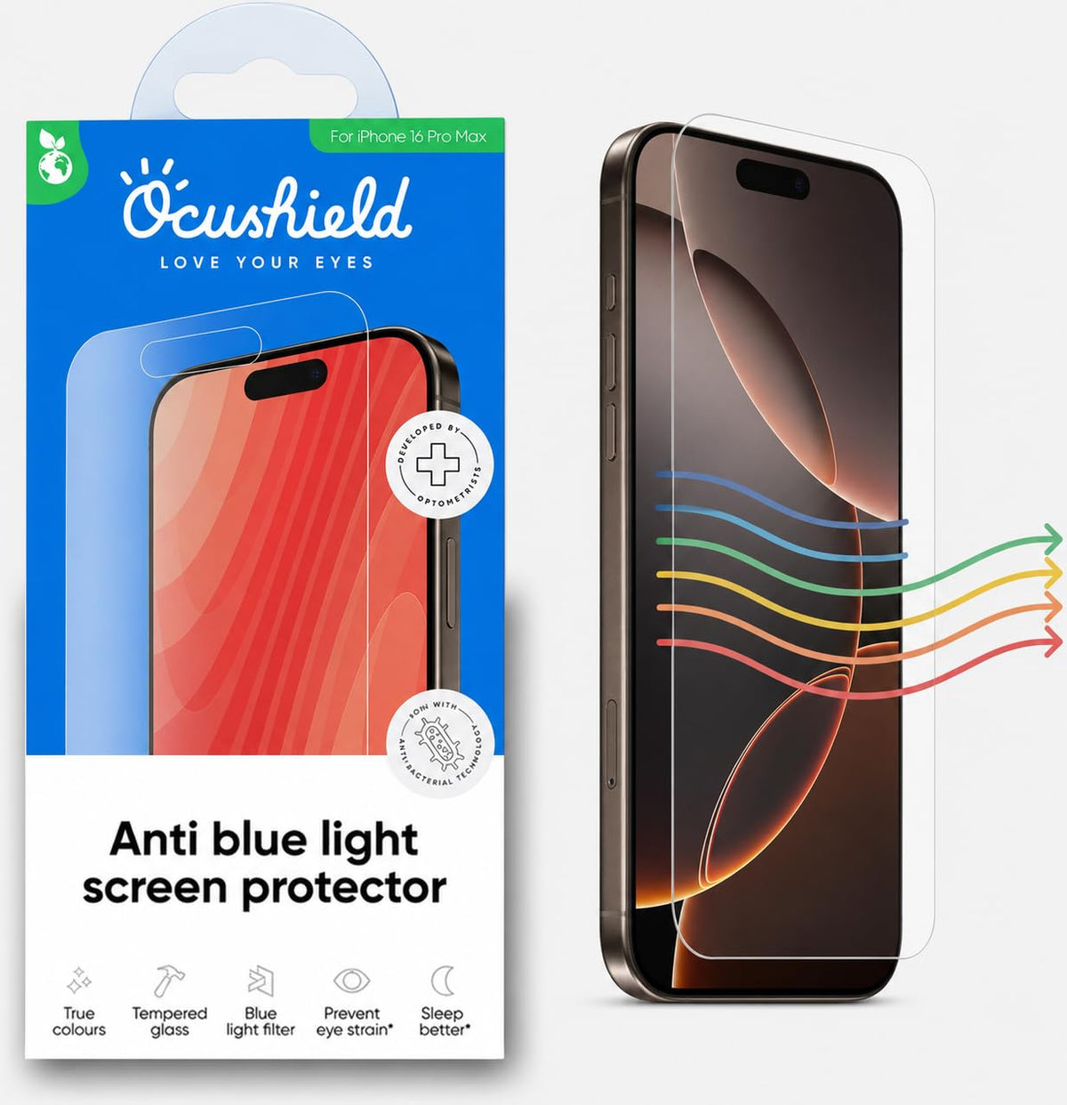 Ocushield Anti Blue Light Tempered Glass Screen Protector of iPhone 16 Plus (6.7")– Blocks Blue Light, Prevents Eye Strain & Helps You Sleep Better, 9H Hardness & Case Friendly