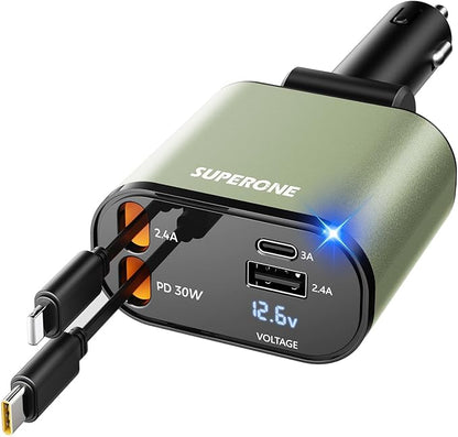 【Upgraded】 SUPERONE Retractable Car Charger 4 in 1, Fast Car Phone Charger with Cord 2.6ft, USB C and Apple Car Charger Adapter, Compatible with iPhone 15/15 Pro Max/14/13/12/11, Galaxy, Pixel