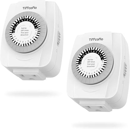 TiFFCOFiO Indoor Mechanical Outlet Timer, 3 Prong Timers for Electrical Outlets, 24-Hour Programmable Plug in Christmas Light Timer, ETL Listed (2 Pack)