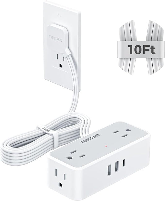 TESSAN Extension Cord 10 FT, Power Strip with 900J Surge Protection, Grey