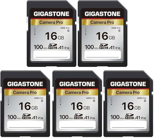 【5-Years Data Recovery】 GIGASTONE 16GB SD Card 5-Pack, Camera Pro, UHS-I A1 V10 SDHC Memory Card Speed up to 100MB/s Compatible with SPYPOINT TACTACAM Trail Camera, with 5 Mini Cases