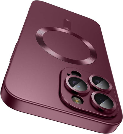 Magnetic for iPhone 15 Pro Case [Compatible with MagSafe][Built-in Camera Lens Protector] Slim Soft Silicone Bumper Shockproof Metallic Shine Phone Case (Burgundy)