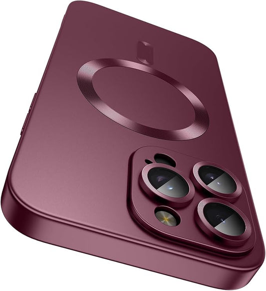 Magnetic for iPhone 14 Pro Max Case [Compatible with MagSafe][Built-in Camera Lens Protector] Slim Soft TPU Bumper Shockproof Metallic Luster Phone Case (Burgundy)