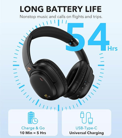 1Mii E700 Wireless Bluetooth Over Ear Headphones with Active Noise Canceling, Hi-Res Audio LDAC/aptX Low Latency for Airplane Travel Overhead Comfort, 54H Playtime, Custom EQ via App - Black