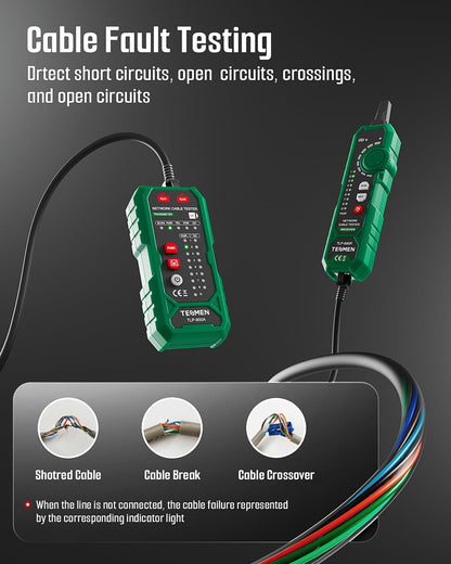 TESMEN TLP-900AR Network Cable Tester, RJ11 RJ45, for CAT5/6/POE/STP, Multi-function Cable Tracer with Pairing, Continuity, QC&NCV, Suitable for Ethernet, Telephone, Wire maintenance and sorting-Green