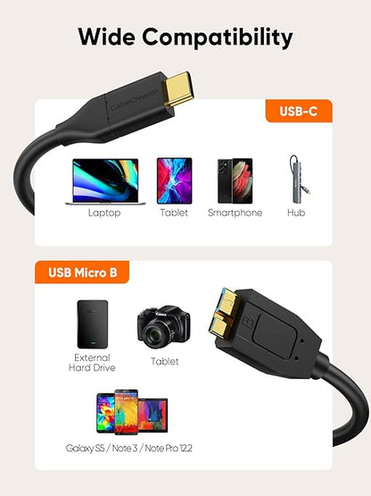 CableCreation 2FT USB C to Micro B Cable,10Gbps Speed External Hard Drive Braided,USB 3.1 Type C to Micro B Work for iPhone 15/16,Seagate WD Westgate My Passport,MacBook Pro/Air, iPad/Tablet,Black