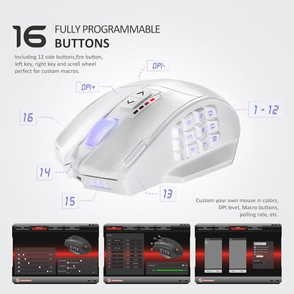UtechSmart Venus Pro Wireless MMO Gaming Mouse, 16,000 DPI Optical Sensor, 2.4 GHz Transmission Technology, Ergonomic Design, 16M Chroma RGB Lighting, 16 Programmable Buttons, Up to 70H