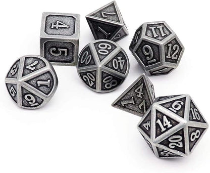 Haxtec Antique Iron Metal DND Dice Set Silver D&D Polyhedral Dice W/PU Leather Dice Bag Compatible with Dungeons and Dragons Gift TTRPG