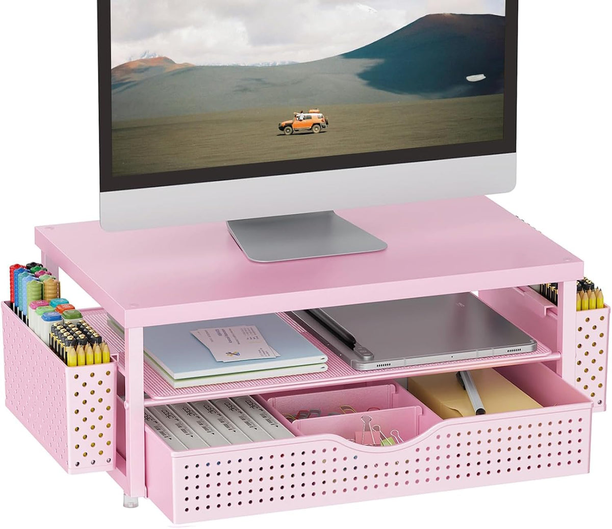 gianotter Desk Organizers and Accessories, Monitor Stand with Drawer and 2 Pen Holder, Desktop Organizer Suitable for Offices and Dormitories (Blue)