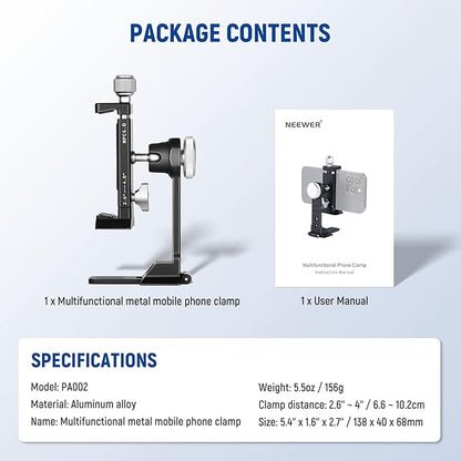 NEEWER Smartphone Tripod Mount Aluminum Alloy, 360° Rotatable Phone Stand Holder Clamp with Cold Shoe and Arca Base Compatible with iPhone 15 Pro Max Galaxy S24 Ultra Pixel & 2.6"-4" Wide Smartphones