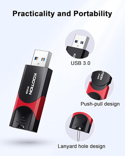 KOOTION 512GB USB Flash Drive 3.0 Thumb Drive, Retractable Zip Drive USB Memory Stick for Backup, Compatible with Laptop/TV/Mac Book/Car Audio
