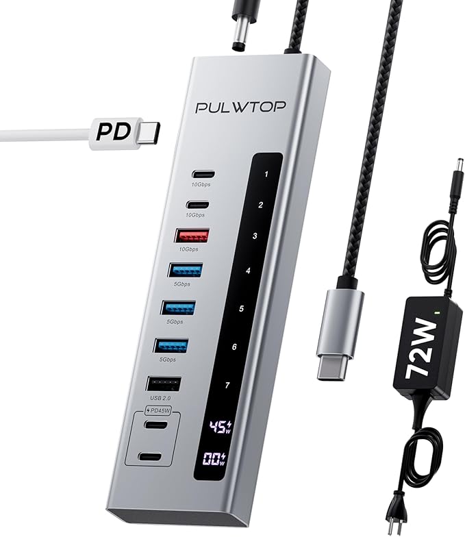 Powered USB C Hub, 10-in-1 USB 3.2 Data Hub with 3 x USB A/C 10Gbps, 3 x USBA 5Gbps, USB A 2.0, 100W PD-in, 2 x 24/45W Type-C Charging Ports (72W Adapter Included)