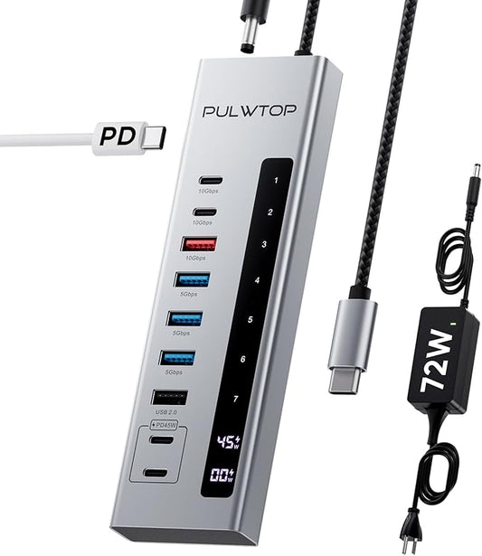 PULWTOP Powered USB C Hub, 10-in-1 USB 3.2 Data Hub with 3 x USB A/C 10Gbps, 3 x USBA 5Gbps, USB A 2.0, 100W PD-in, 2 x 24/45W Type-C Charging Ports (72W Adapter Included)