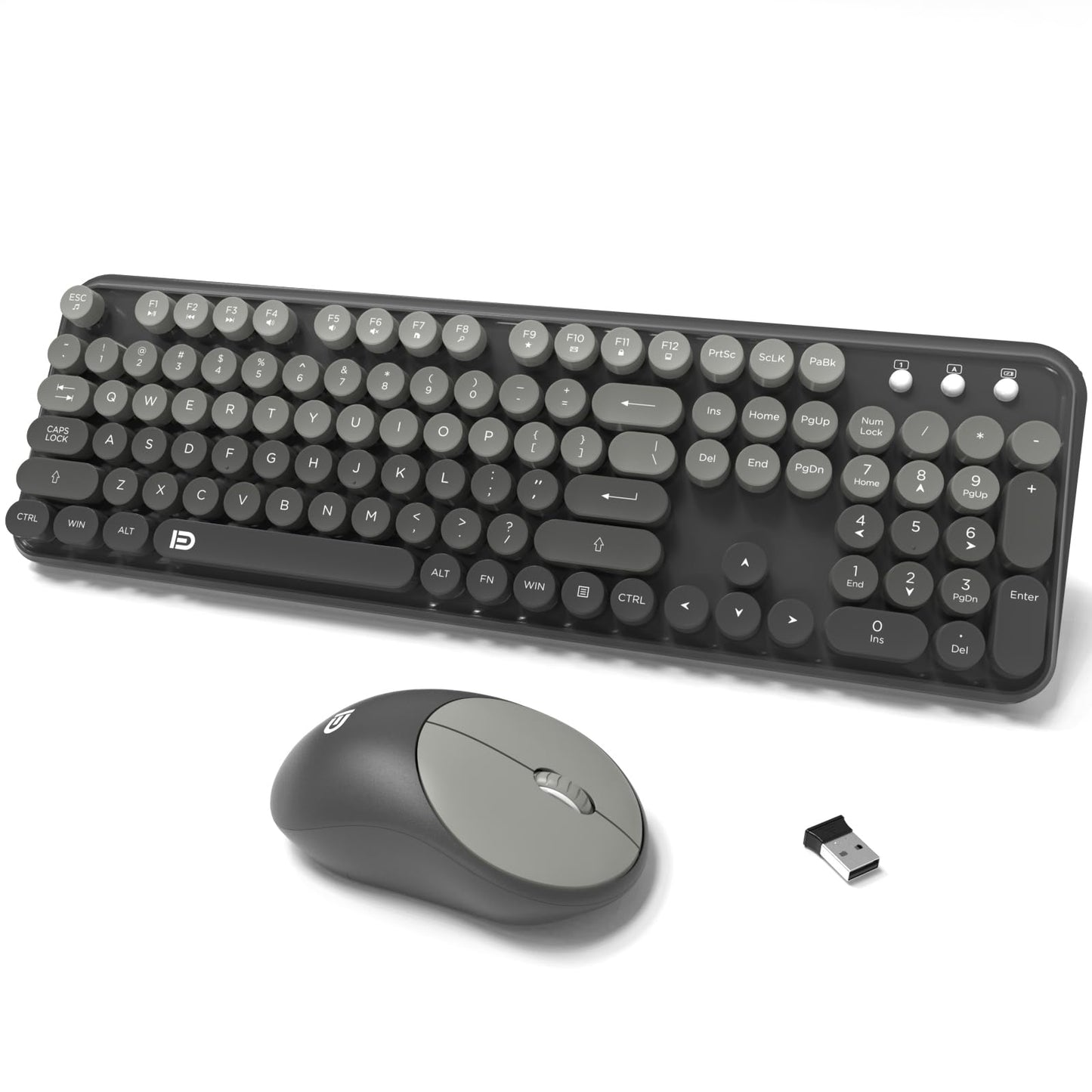 Wireless Keyboard and Mouse Combo, Retro Typewriter Style Round Keys, 2.4G Wireless Black and Grey Keyboard with Clicky Bubble Keys for PC Laptop and Desktop