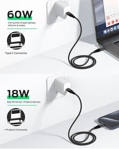 YKZ 3 in 1 Magnetic USB C to C Cable, Magnet Charging Cable, [3.3FT+6.0FT] PD 60W Fast Charger Nylon Braided Cord Compatible with Type C and Android Devices (Black)