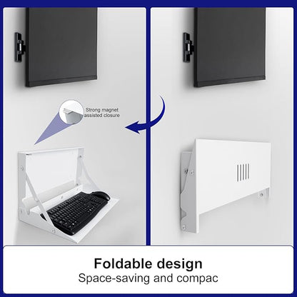 1 Pcs 24 Inch Keyboard Wall Mount Foldable Fits Standard Computer Keyboard Mouse Stand Tray Organizer for Small Offices Apartments, Easy Installation with 4 Screws (White)
