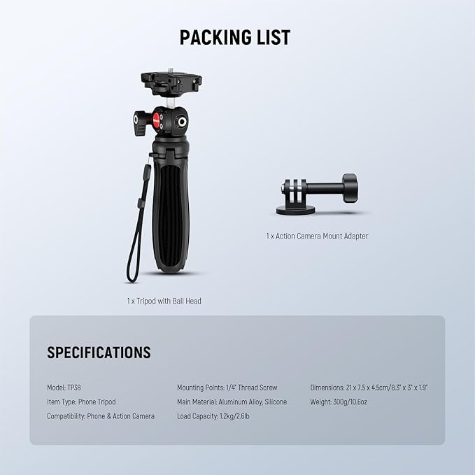 NEEWER TP38 Phone Camera Tripod, 15" Extendable Selfie Stick Metal Stand with Phone Holder, Action Camera Adapter Compatible with Hero 12 11 10 9, 360° Ball Head Travel Tripod for Vlogging