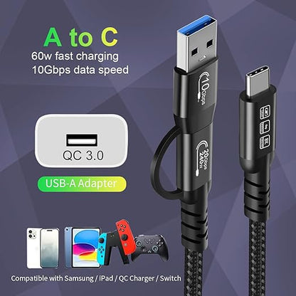 CABLEDECONN USB2.0 A to USB C 3.2 Type C 20Gbps Male to Male Detachable 2m 6.6ft Cable Data Extension 10Gbps 240W Fast Charge 8K Ultra HD Video Data Connection Power Line