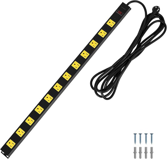 SURAIELEC 12 Outlet Metal Power Strip Surge Protector, 15 FT Heavy Duty Extension Cord, Wide-Spaced Outlets, Flat Plug, 15A Circuit Breaker, Wall Mount Power Bar for Workshop, Garage, Workbench, Shop