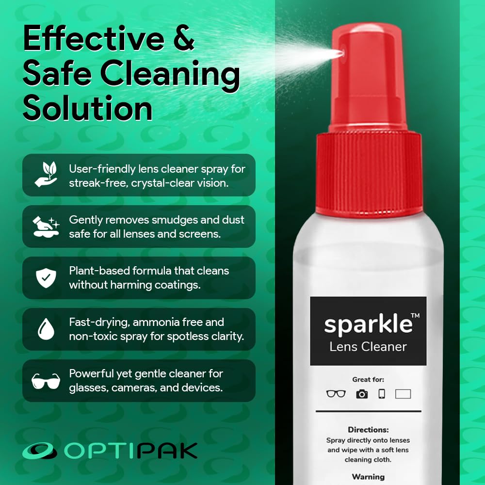 OPTIPAK Sparkle Anti-Reflective Lens Cleaner Spray kit | (2) 1oz Glasses Cleaner Spray + (2) Microfiber Cloth for Eyeglasses, Sunglasses, Lenses, Screens and Camera Cleaning Kit (4 Piece Set)