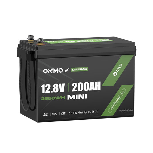 OKMO 200Ah LiFePO4 Battery 12V Updrade Mini Size, 10 Years 15000+ Deep Cycles, for RV, Van, Home Solar Energy Storage Off-Grid, Marine Boat Trolling Motor
