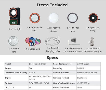 Iris Portable LED Photography Light Kit with LCD Display, App Control, CRI/TLCI 96+, 2700-6500K Bi-Color Indoor/Outdoor Lighting for Content Creators, Jungle Edition, 5W