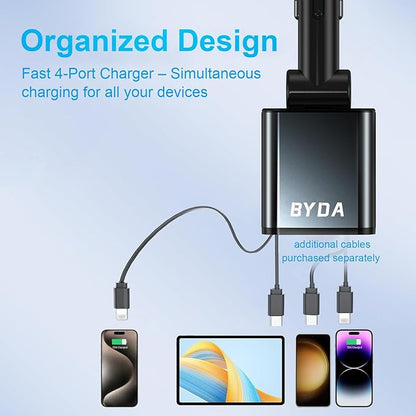 Retractable Car Charger, 4 in 1 Fast Charging USB-C & USB-A Compatible with iPhone 16/15/14/13/12/11 Pro Max, 69W Fast Car-Charger Cigarette Lighter Adapter for Galaxy, Pixel (Light-ning+USB-C) Black