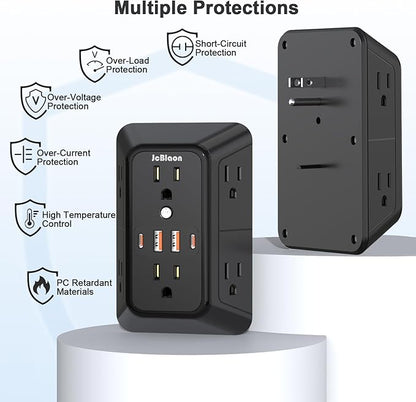 JcBlaon Outlet Extender Surge Protector - 6 Outlet Splitter with 4 USB Ports (2 USB C), Multiple Plug Expander Wall Charger, 3 Sided Multi Plug Wall Adapter Power Strip for Home Office Kitchen Travel