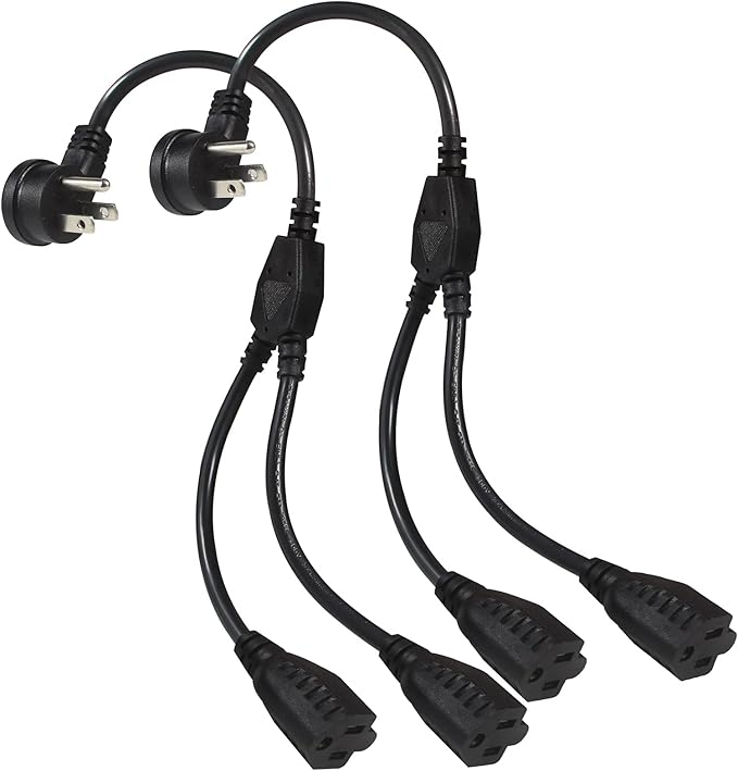 Power Extension Cord Y Splitter - 1FT Right Angled Type Flat Plug NEMA 5-15P 1 to 2 Way Outlet NEMA 5-15R SJT 16AWG 3 Prong Low Profile Black AC Power Cable Wire Extender for Home Office (2-Pack)